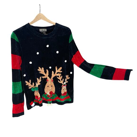 Vintage Berek Reindeer Chenille Holiday Sweater Christmas Embellished Medium - Picture 1 of 10